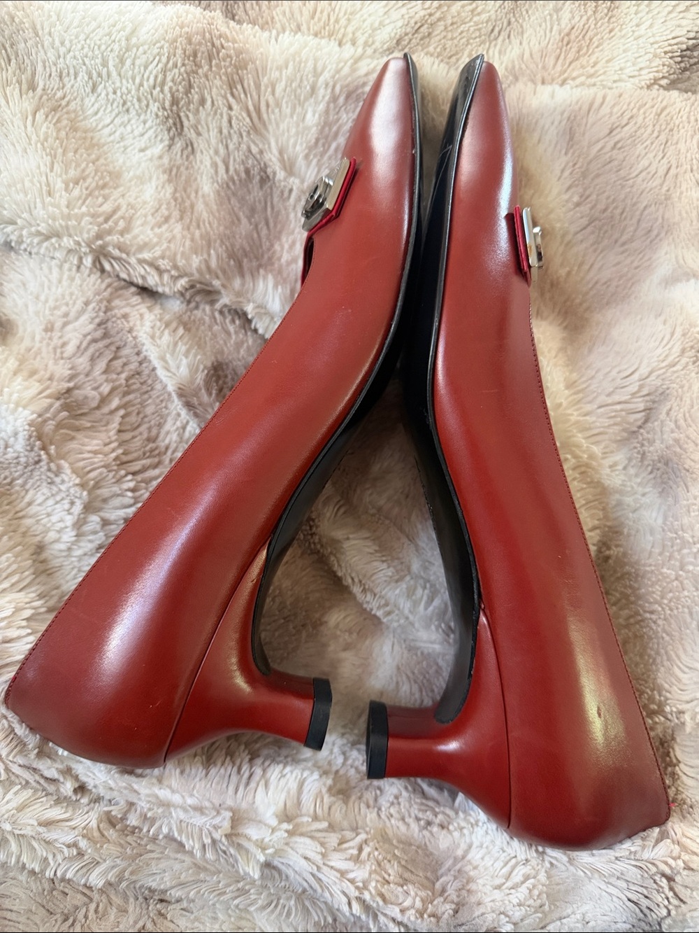Vintage Salvatore Ferragamo Red and Brown Leather Square-Toe Flats with Buckle - Picture 3 of 6